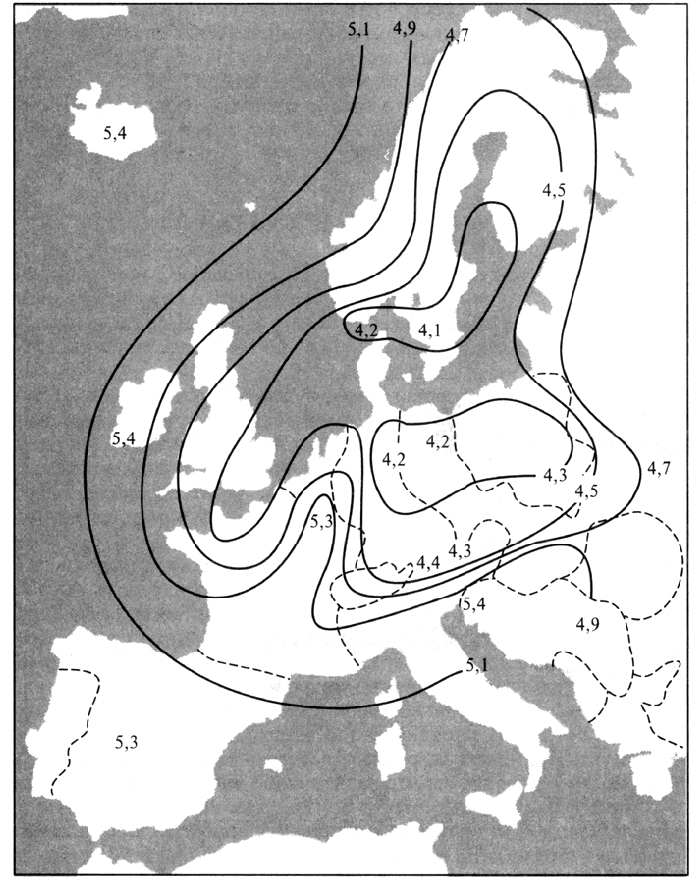 Рис. 10.6. Среднегодовые значения рН дождей над Европой в 1985 г.