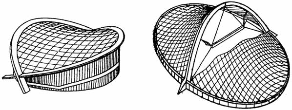 Рис. 2.39. Седловидные покрытия с опорным контуром в виде двух наклонных арок