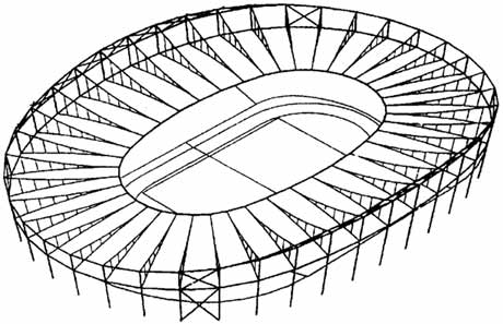 Рис. 2.46. Схема расположения несущих конструкций покрытия стадиона в Штутгарте (ФРГ)