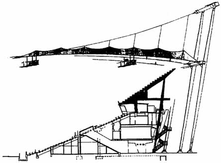 Рис. 2.47. Поперечный разрез стадиона в Штутгарте (ФРГ) с видом расположения трибун и несущих конструкций