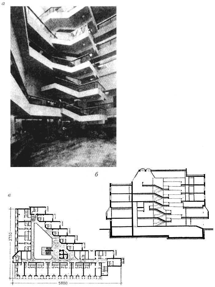 Рис. 12. Лестница в интерьере центрального холла гостиницы: а - общий вид; б - разрез; в - план